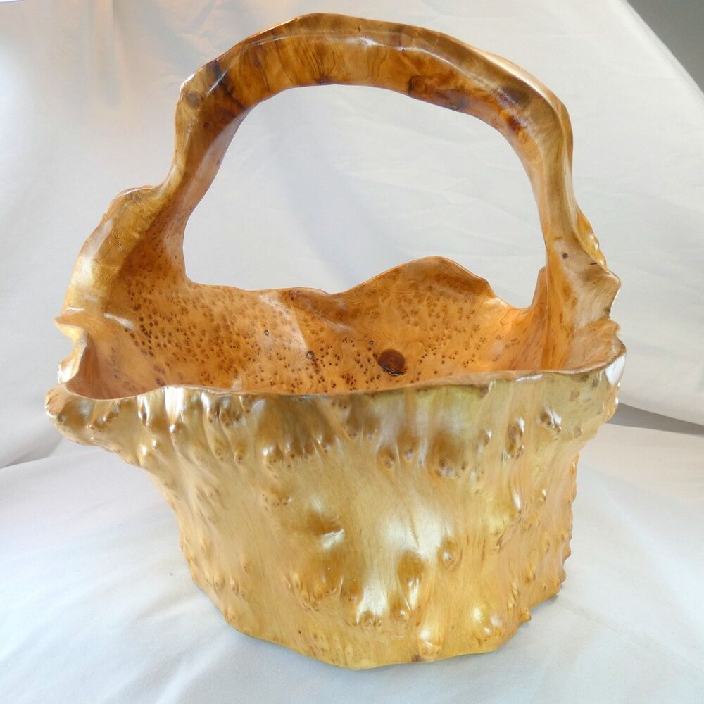 Hand-Carved Burl Wood Basket Bowl Folk Art OOAK Large